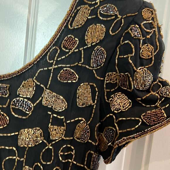 NEW Adrianna SILK Papell Evening Cocktail Black Gold Sequin Dress 4 Black Tie - Picture 6 of 16